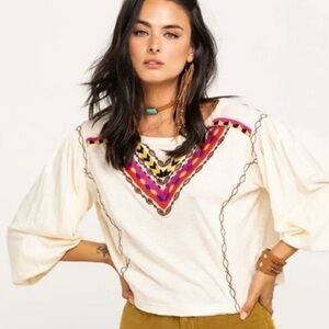 NWT Free People Ivory Blouse with Multicolor Embroidery